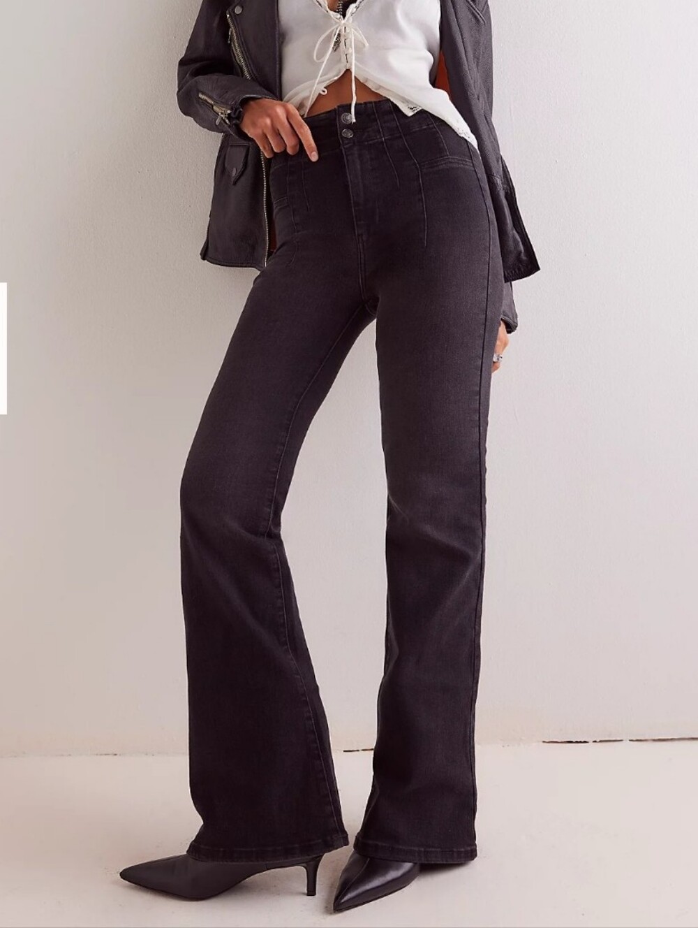 We The Free Free People Jayde Flare Ultra High Rise Jeans Onyx Black Sz  28 Boho